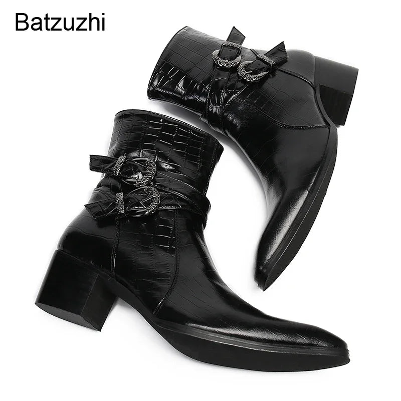 Handmade Pointed Toe Black Genuine Leather Boots with Buckles