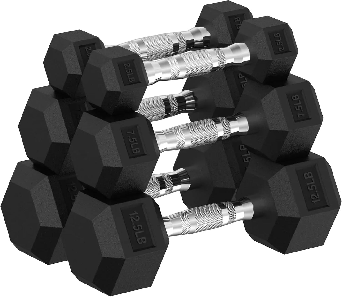 Hex Dumbbell 45lb Set (Pair of 2.5, 7.5, 12.5lb) Rubber Encased