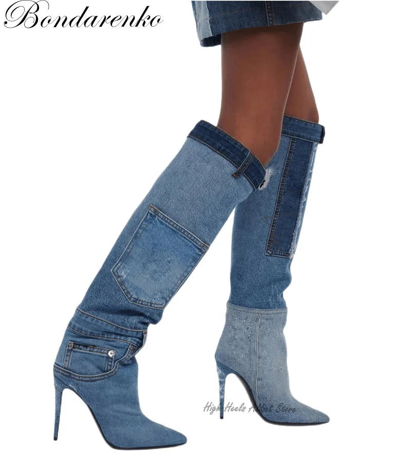 Denim Patchwork Knee Boots Blue Black Pointed Toe Stilettos