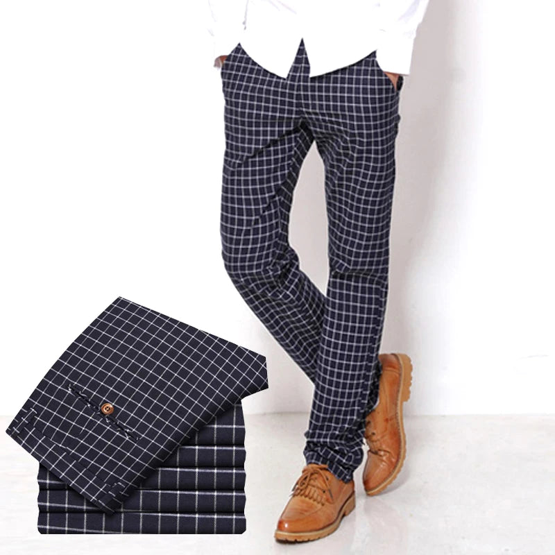 Cotton Casual Straight Loose Suit Plaid Trousers