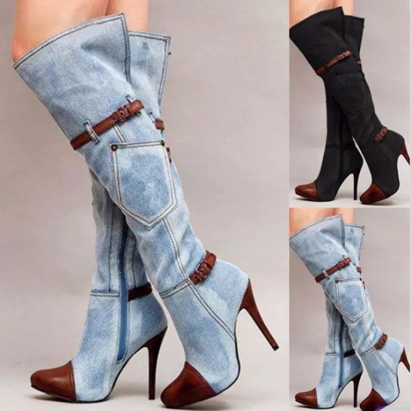 New denim boots with high heels