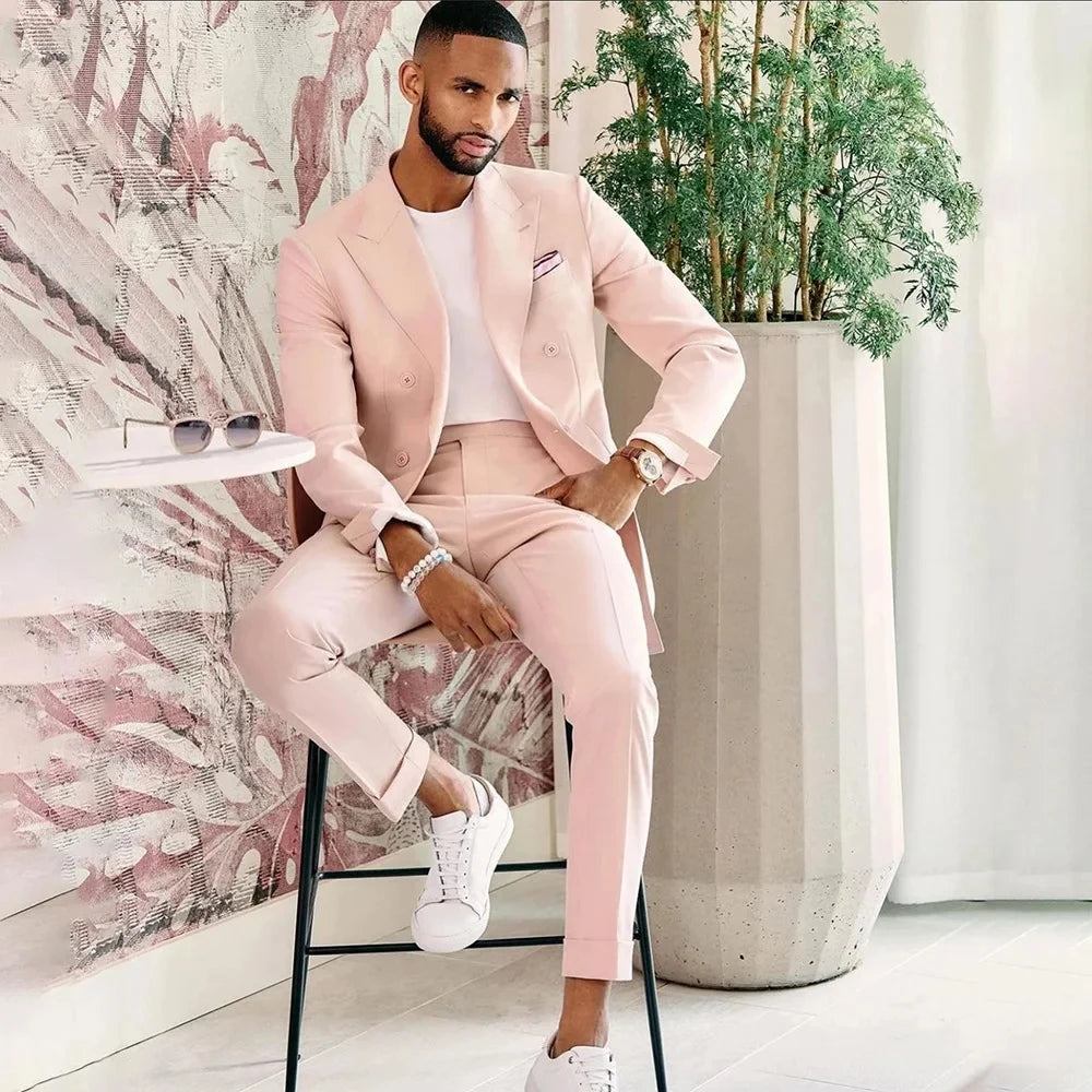 Gentleman High Quality Pink Men Suits 2 Piece Set