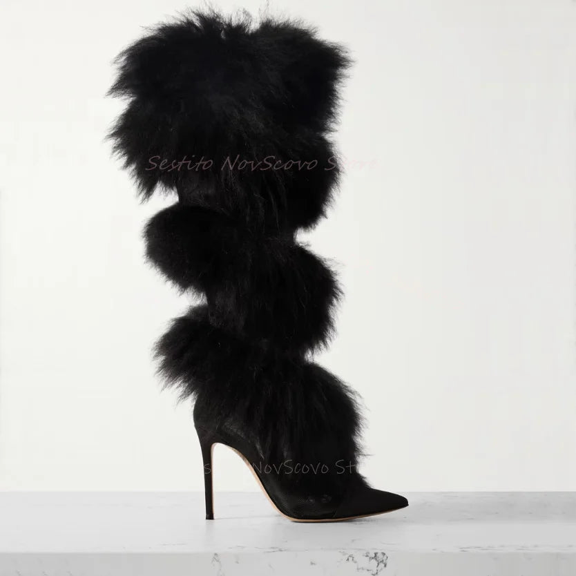 Pointed Toe Mesh Furry Wrapped Knee High Stiletto Heels