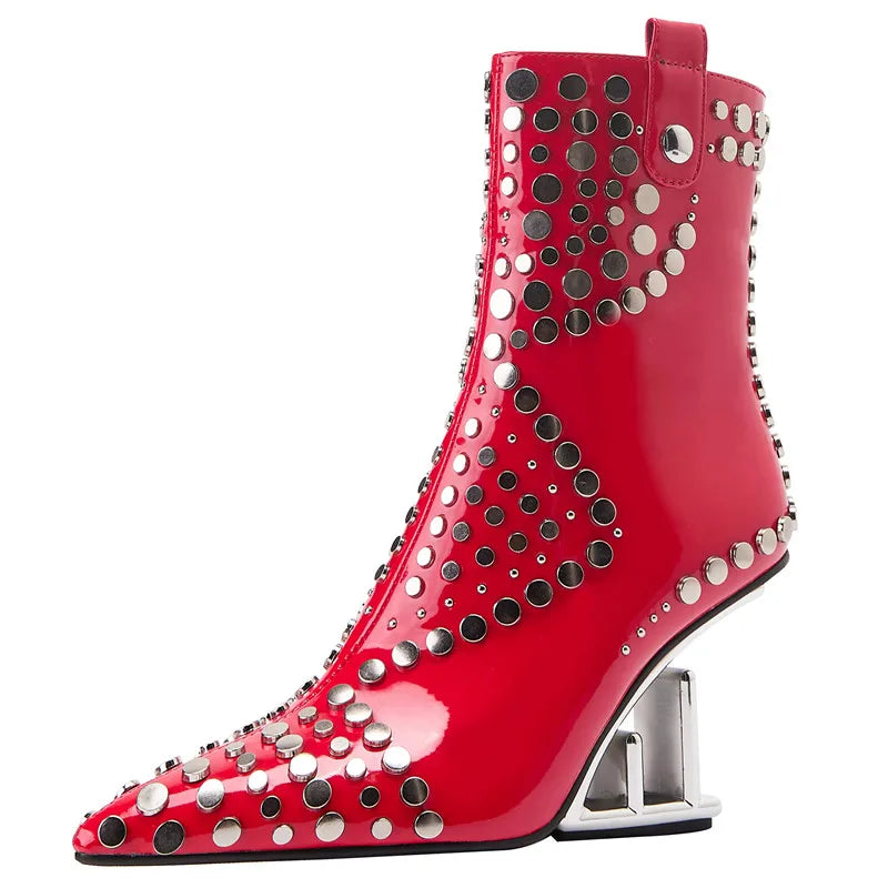 Fashion Rivet Pointed Toe Zipper-Side Patent Leather Strange Heels Shoes