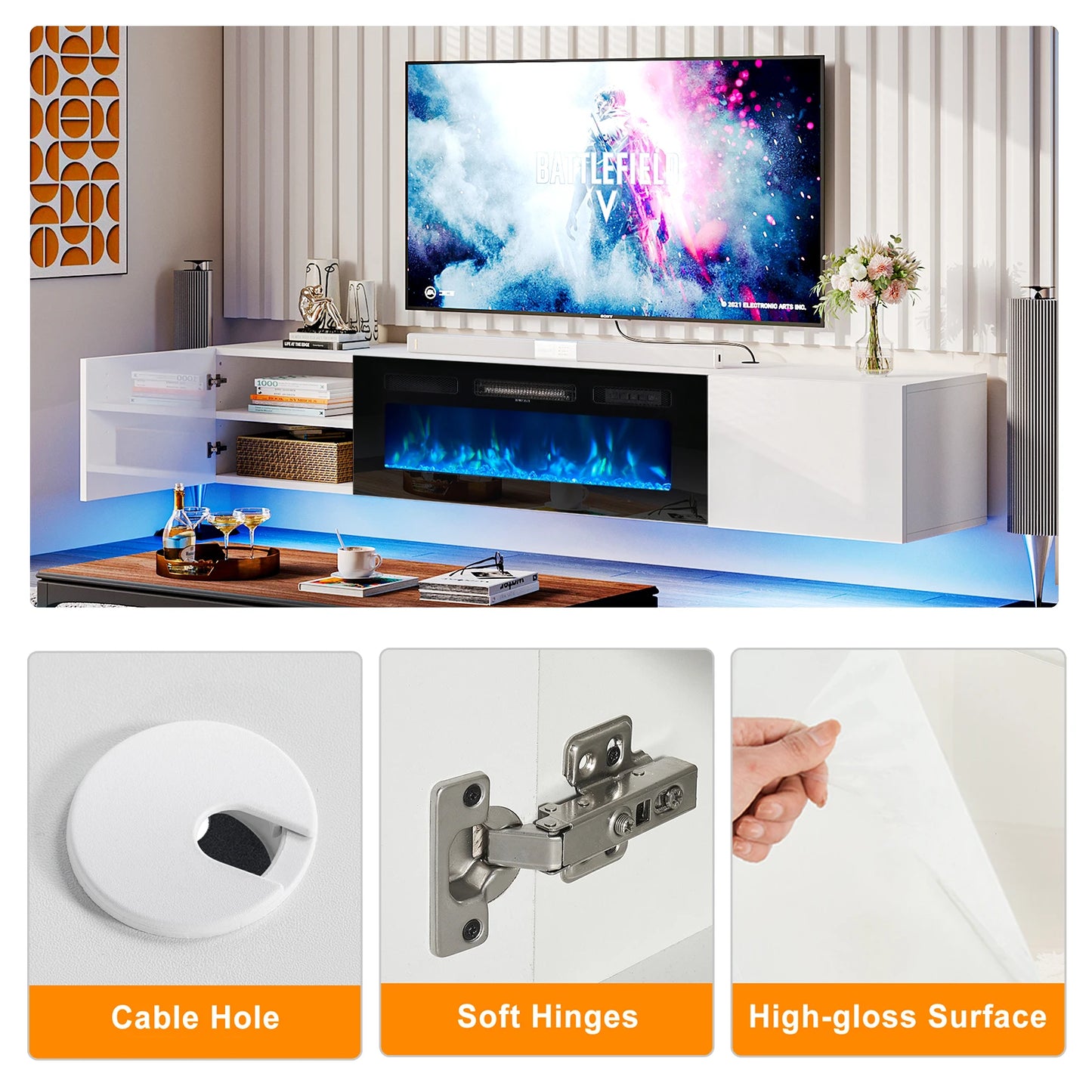 Floating TV Stand 70" Wall Mounted Entertainment Center with 36" Electric Fireplace