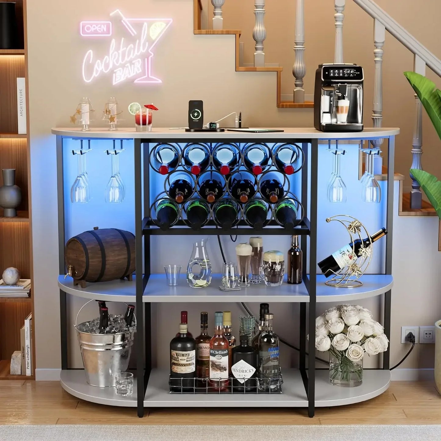 Wine Bar Cabinet with LED Lights and Power Outlets
