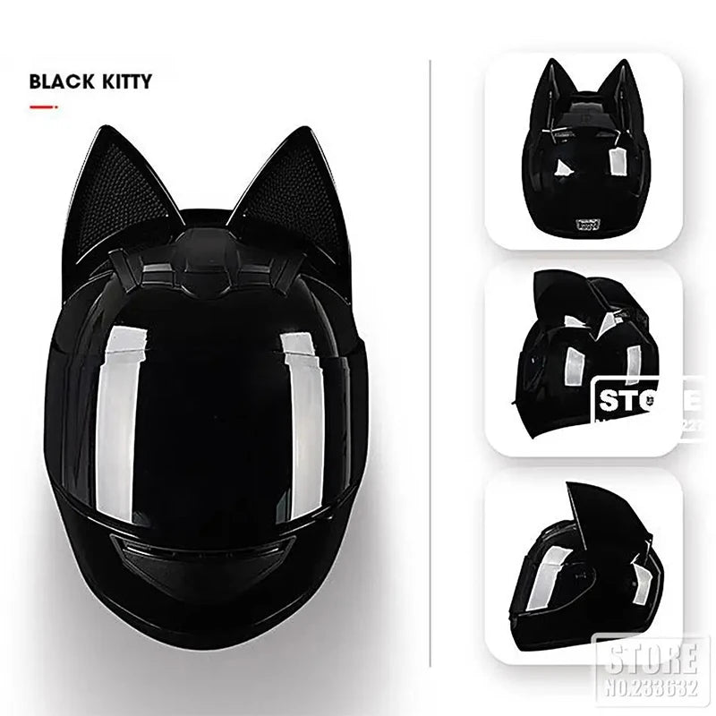 HNJ Motorcycle Helmet Full Face Removable Cat Ears