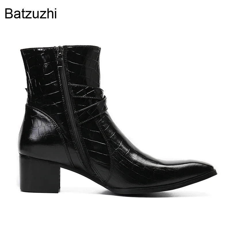 Handmade Pointed Toe Black Genuine Leather Boots with Buckles