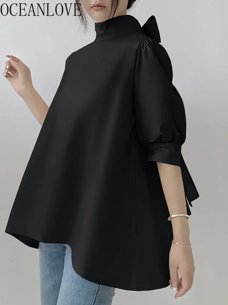 Lantern Sleeve Women Blouses Solid Bow Japan Style