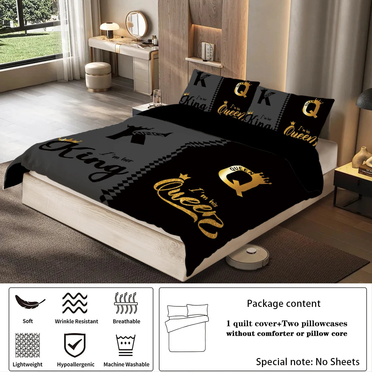 3pcs fashionable black gray K and Q design printed bedding set, soft, comfortable and breathable duvet cover, bedroom, hotel