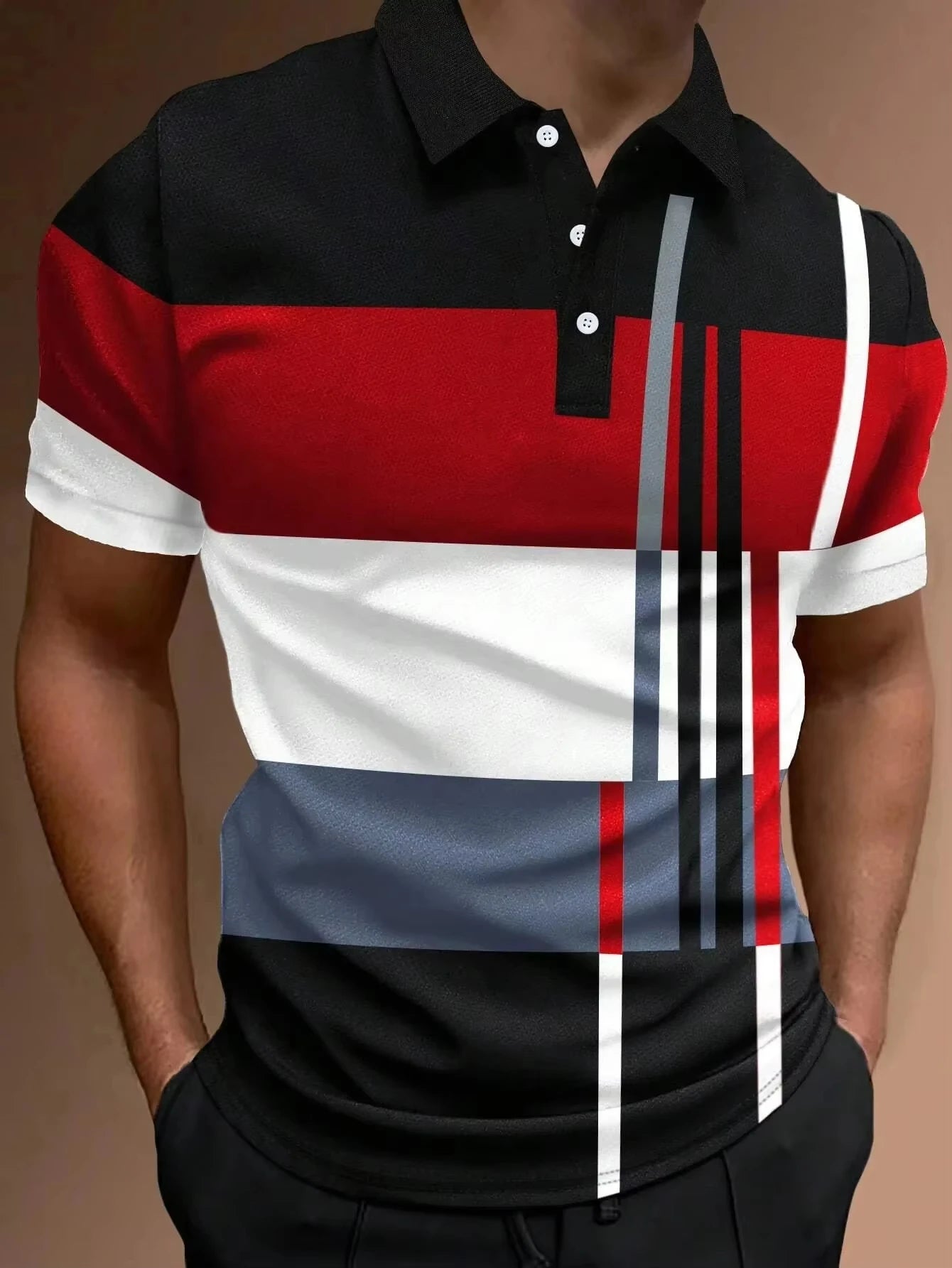 Men's 3D Stripe Print Short Sleeve Polo Shirt