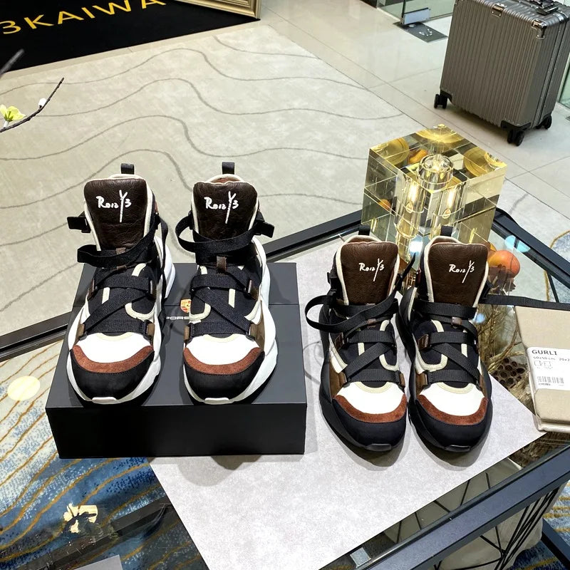 Men Genuine Leather Thick Bottom High Top Sneakers