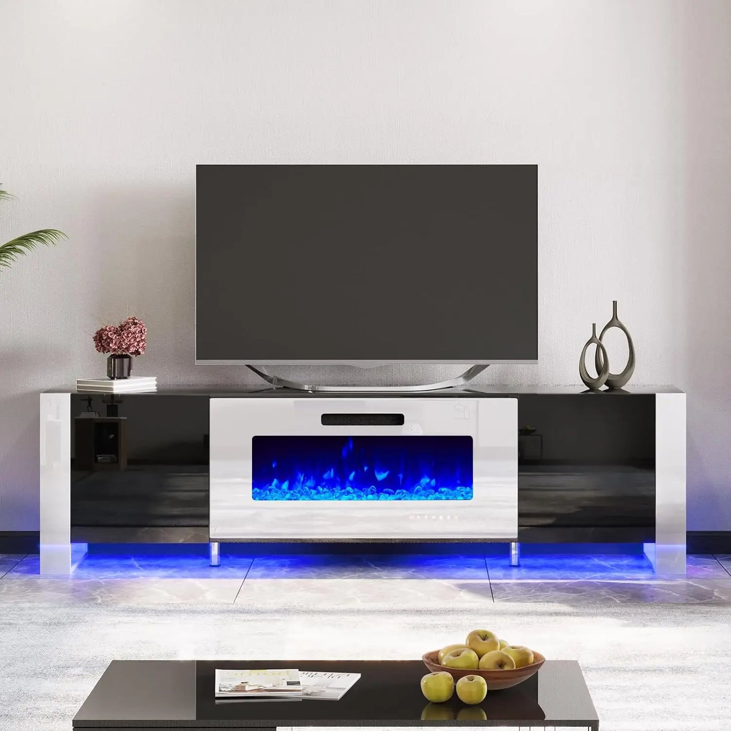 TV Stand with 40" Fireplace with High Gloss Doors & LED Lights, U-Shaped, Customized