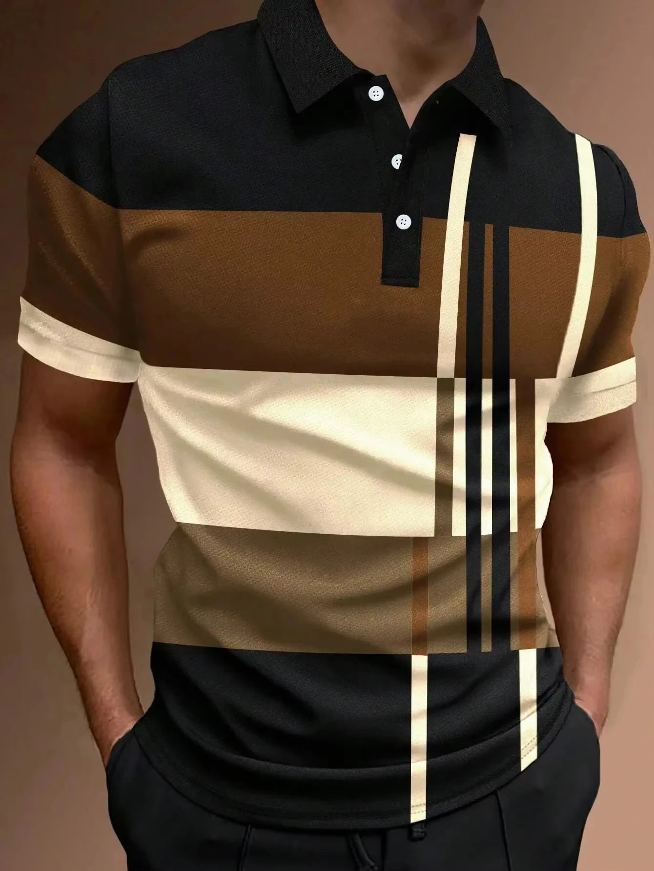Men's 3D Stripe Print Short Sleeve Polo Shirt