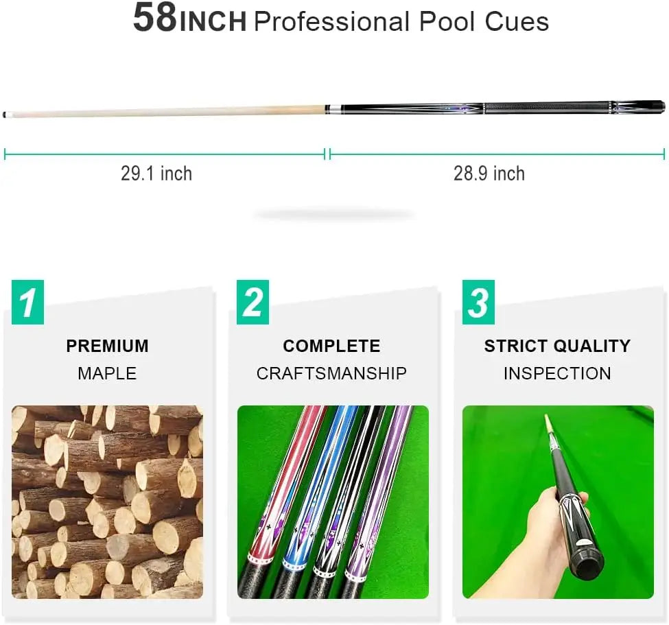 Billiard Cues 58 Inch Maple Wood Pool Sticks Set of 4