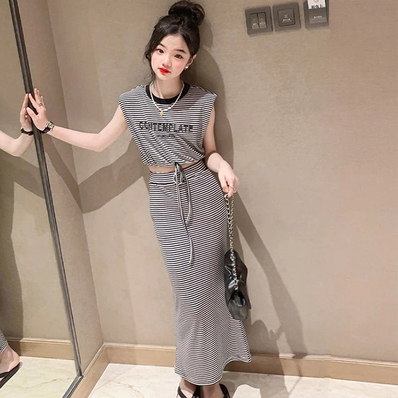 Summer Teen Girls Clothing Sets Child Fashion Letter Tops + Slim Long Skirt 2Pcs Outfits Kids Knitted Suits 5 6 8 10 12 14 Years