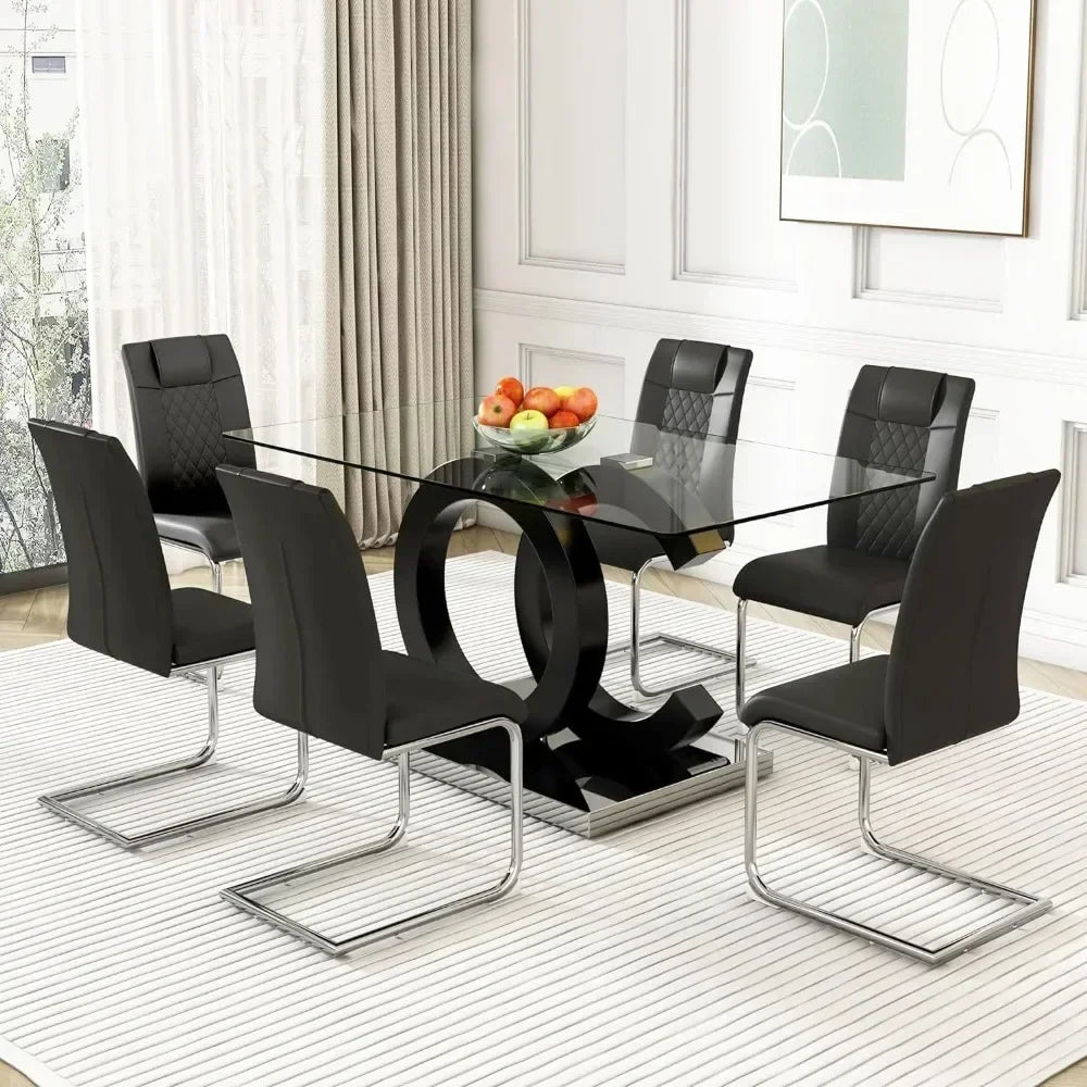 63”Glass Dining Table Set 0.39”Tempered Glass Rectangular Table with Chairs Set of 6