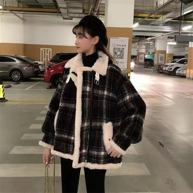 Fashion Plaid and Velvet Padded Little Woolen Coat