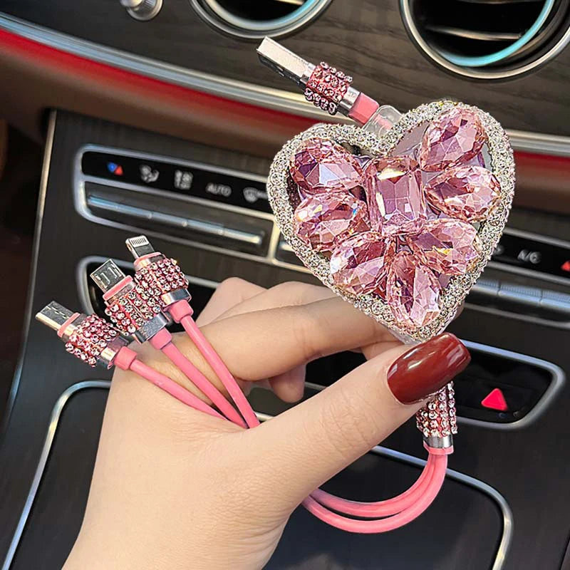 3 IN 1 Diamond Goddess USB Multi Cable Rhinestone Car Fast Charger