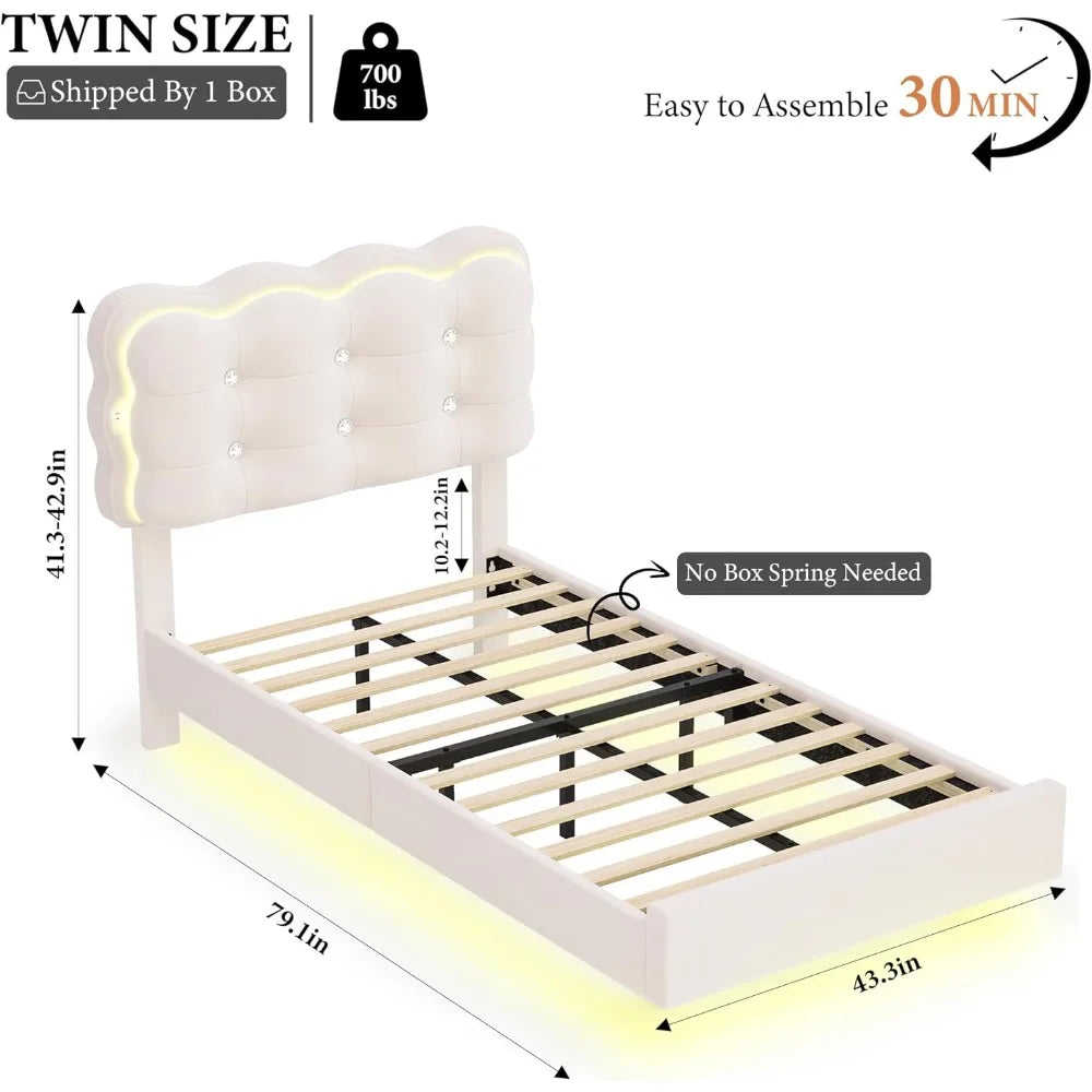 HIFIT 2 Set Upholstered Twin Size LED Bed Frame with Charging Station