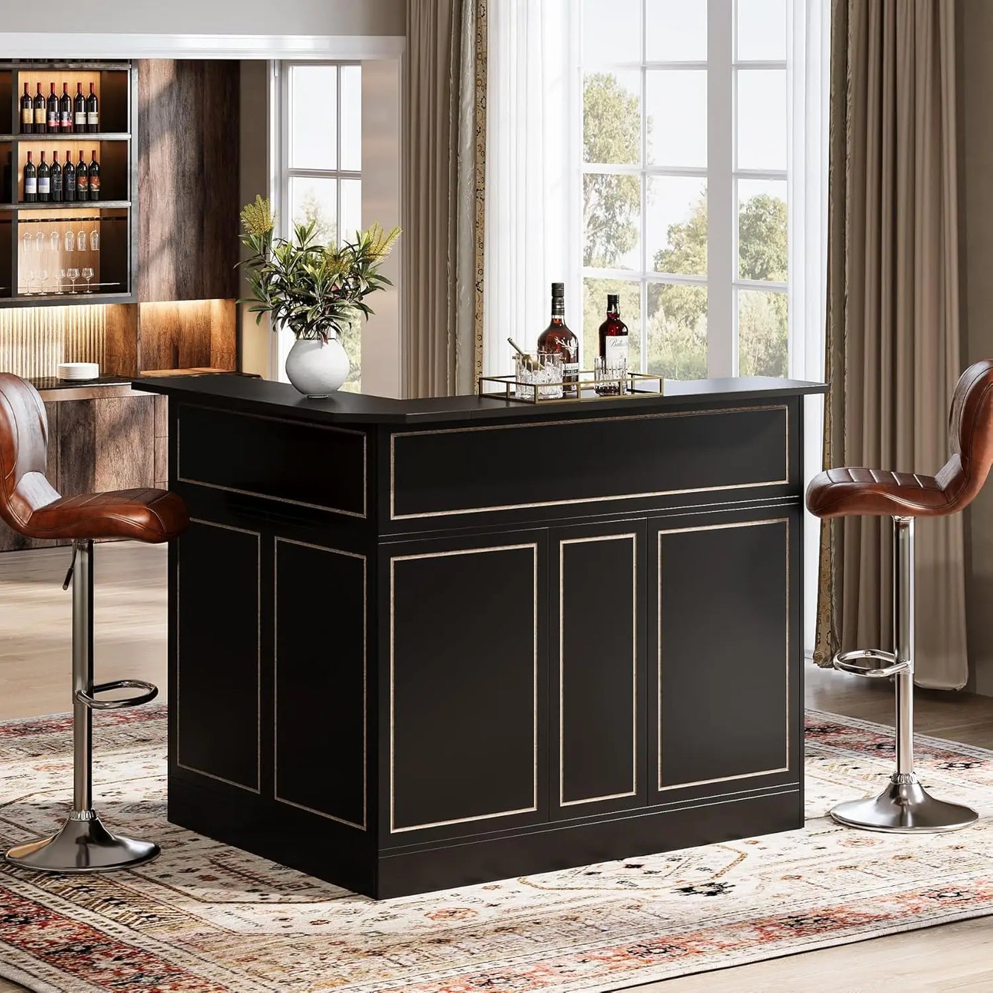 L-Shaped 4-Tier Corner Bar Unit with Stemware Racks
