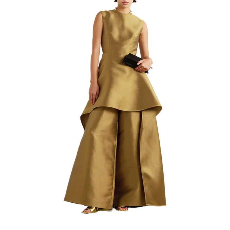 Falbala Layered Solid Color Evening Jumpsuits
