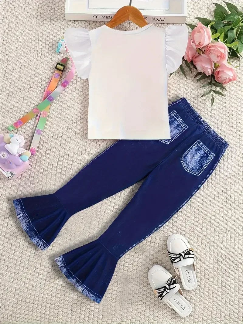 2-piece Cartoon Unicorn T-shirt Denim Print Bell Bottoms