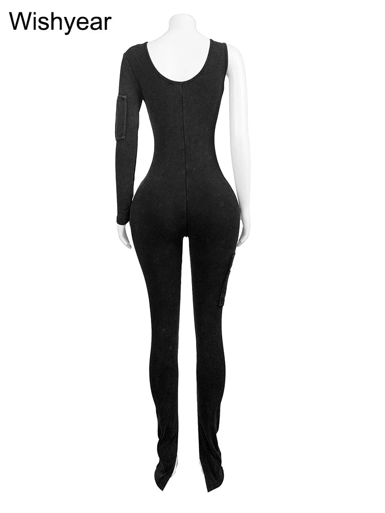 Pocket Single Shoulder Washed Ribbed Jumpsuit