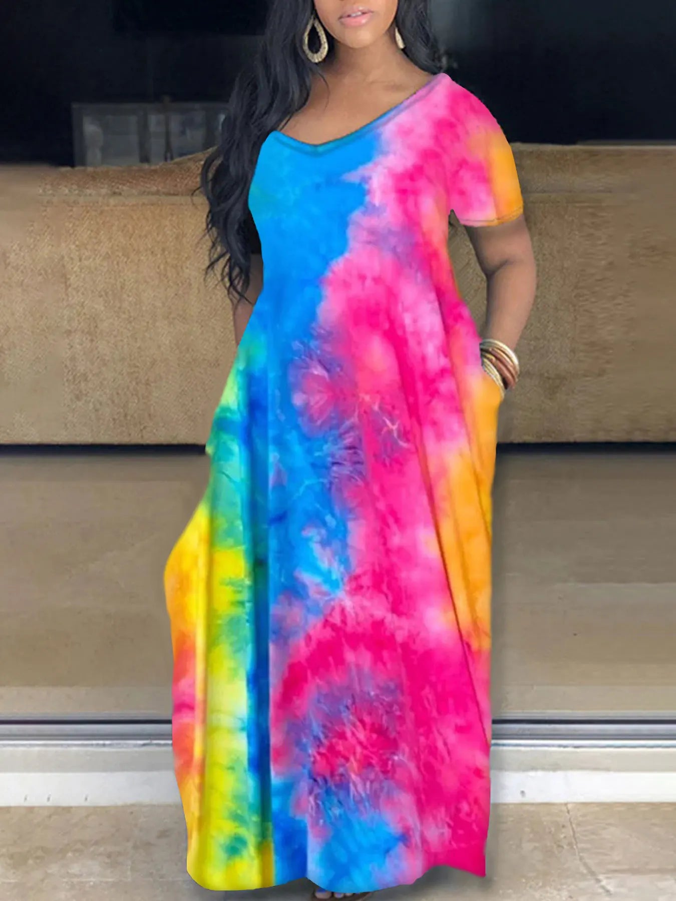 Plus Size Tie-Dye V-Neck Dress with Pockets