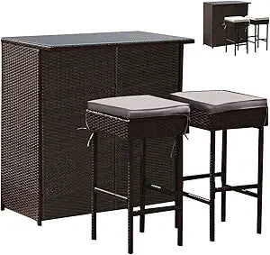 3 Piece Outdoor Rattan Wicker Bar Set with 2 Cushions Stools