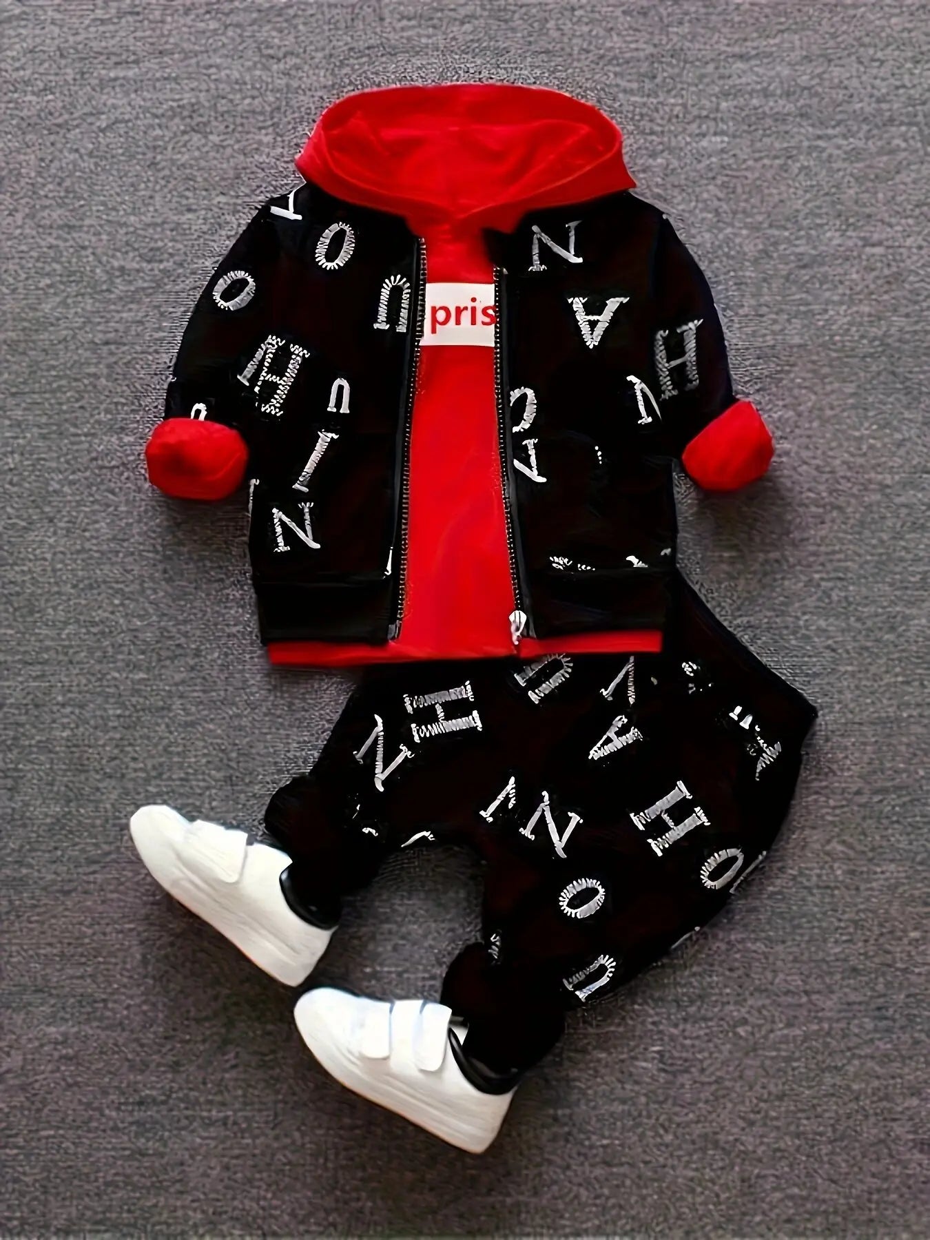 All Over Letter Jacket Hooded Sweater Three Piece Set