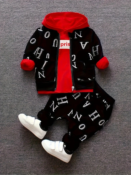 All Over Letter Jacket Hooded Sweater Three Piece Set