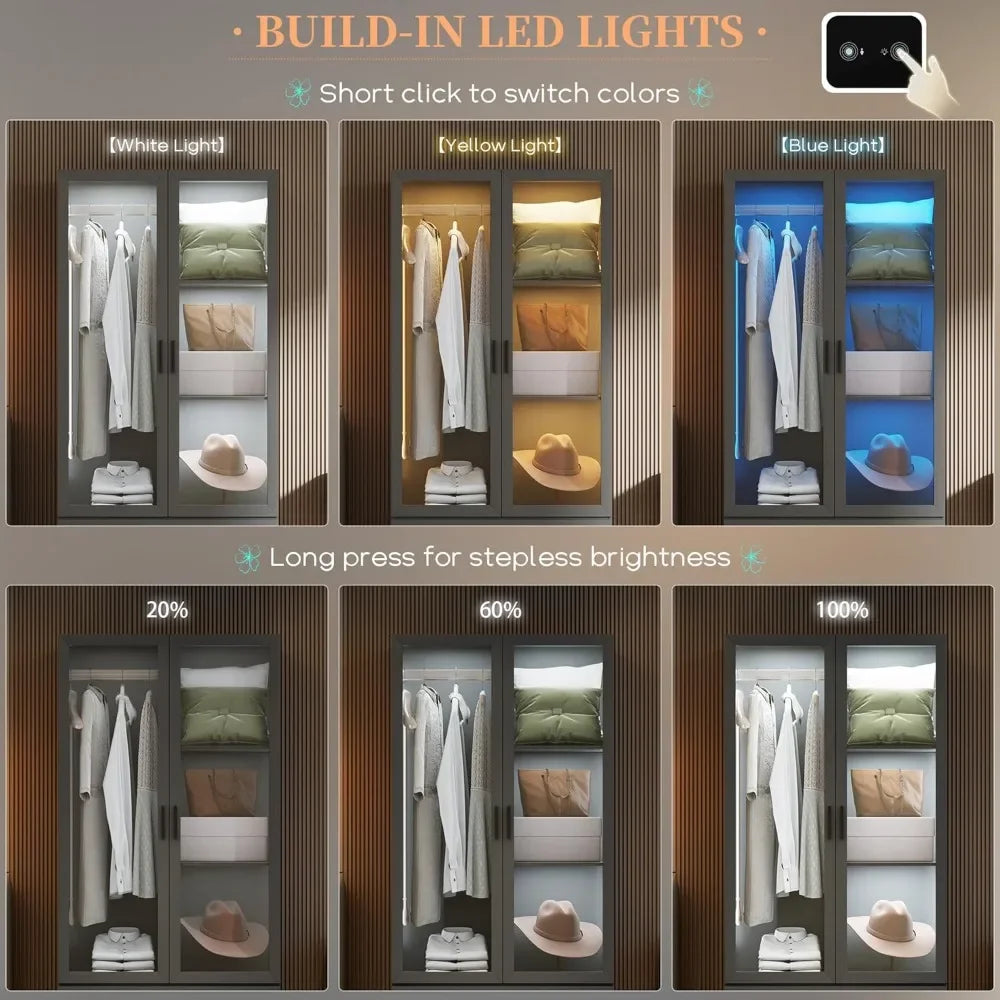 LED Armoire Wardrobe Closet Cabinet 3 Drawers Lights Adjustable Shelves Hanging Rod- 70"