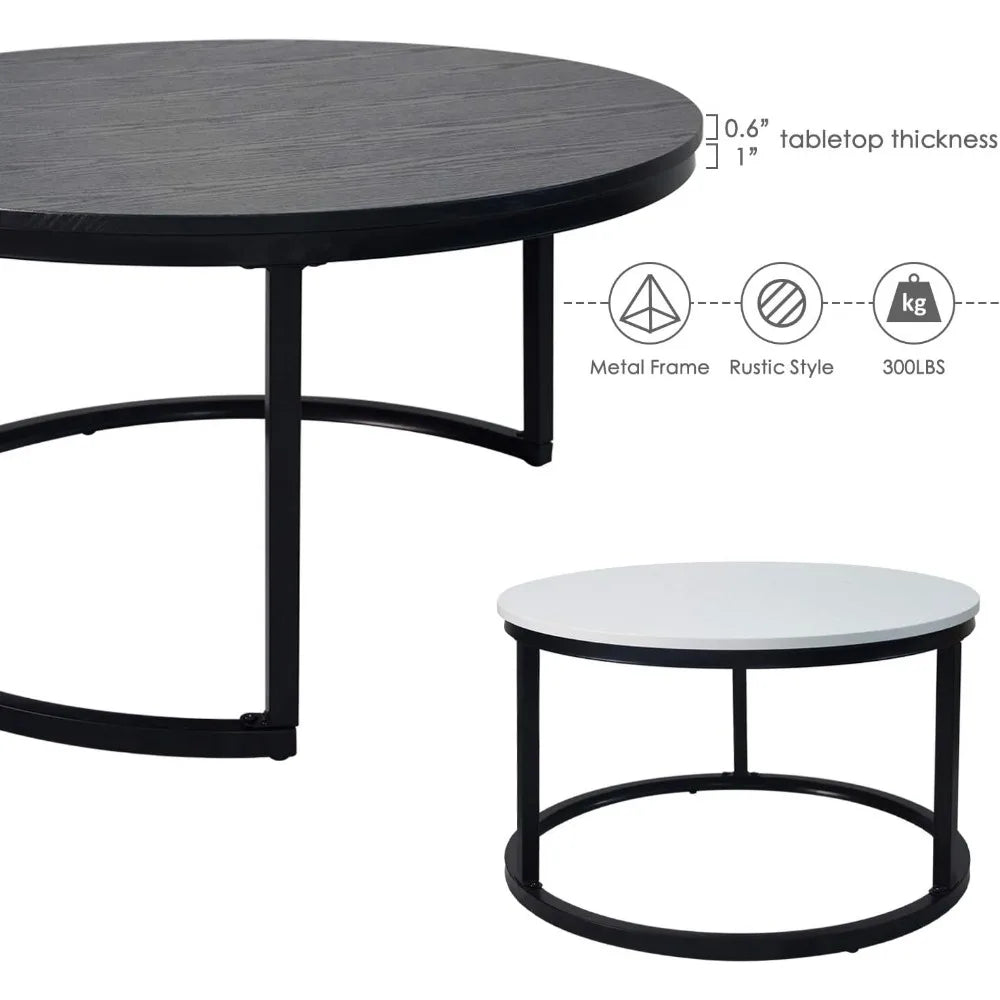 2 Round Nesting Table Set Circle for Living Room Modern (Black & White)