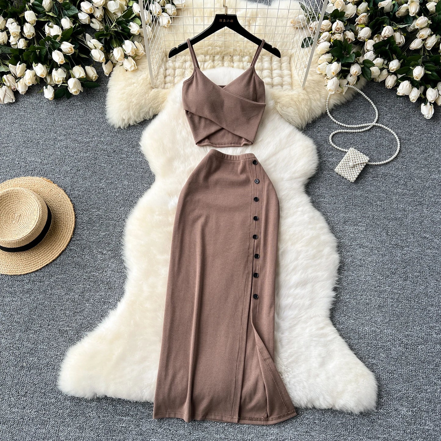 Sexy 2 Piece Crop Camis Top and Split Long Skirt