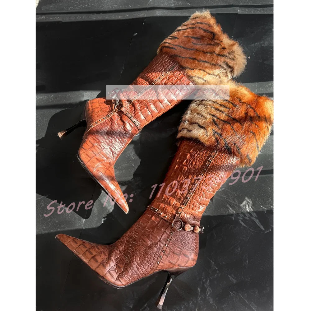 Crocodile Tiger Pattern Furry Retro Heeled Boots