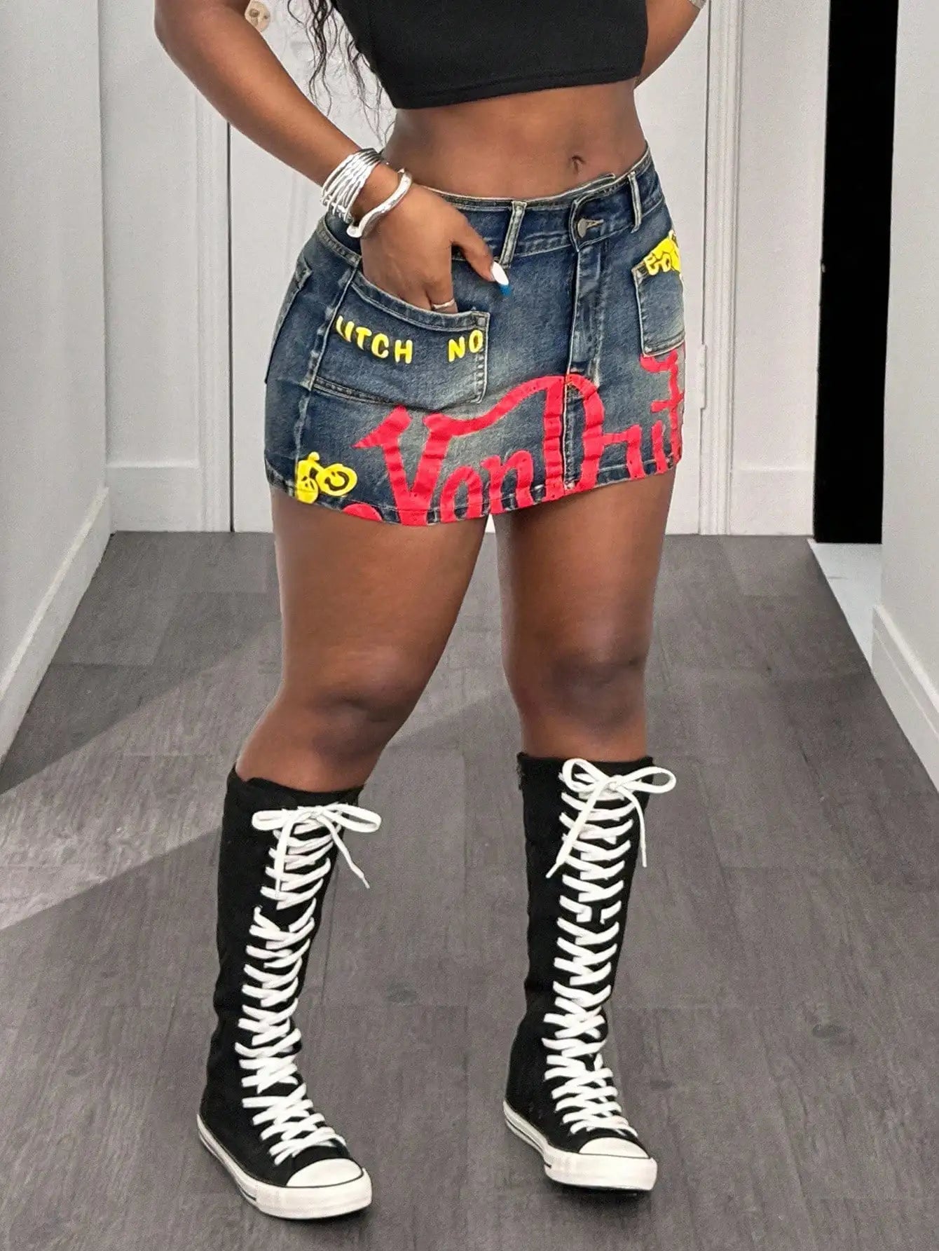 Letter Print Low Waist Denim Mini Skirt