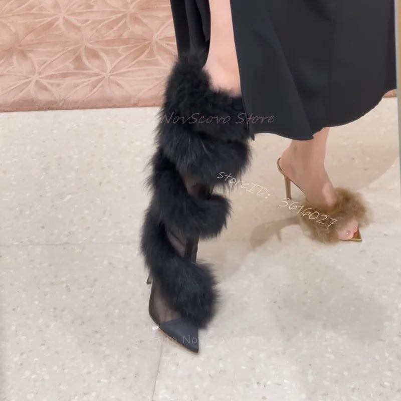 Pointed Toe Mesh Furry Wrapped Knee High Stiletto Heels