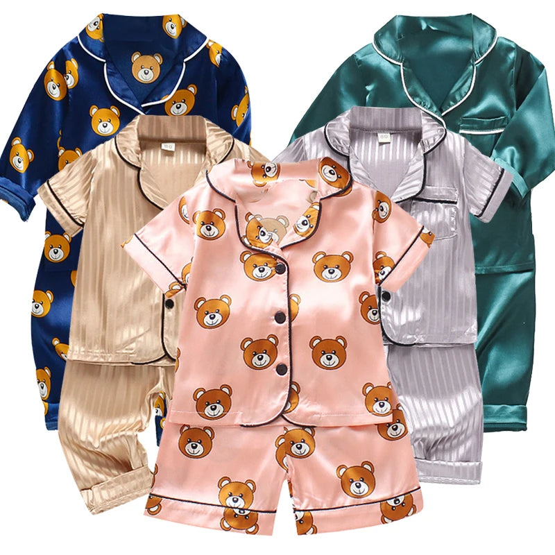 Kids Clothes Toddler Boys Girls Ice silk satin Cartoon little bear Tops Pants Set