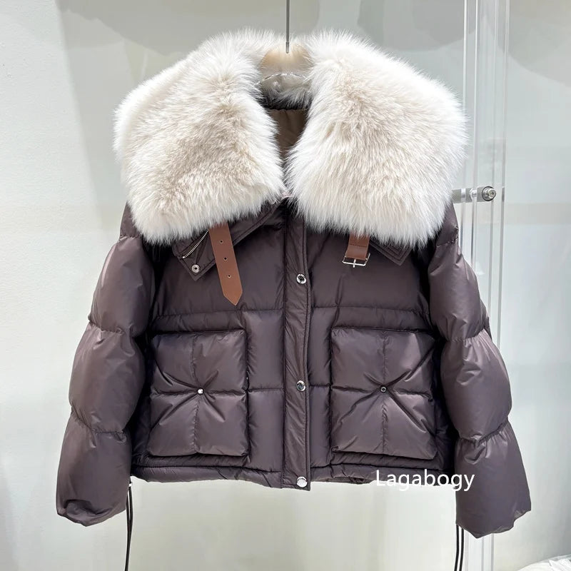 Natural Big Fox Fur Collar Puffer Coat