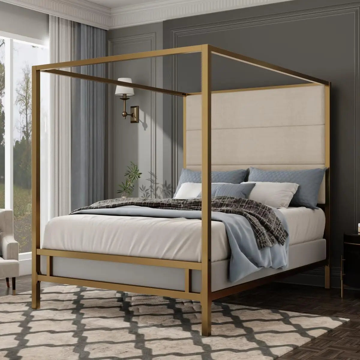 Modern Gold Canopy Bed with Tall Linen Fabric Upholstered Headboard