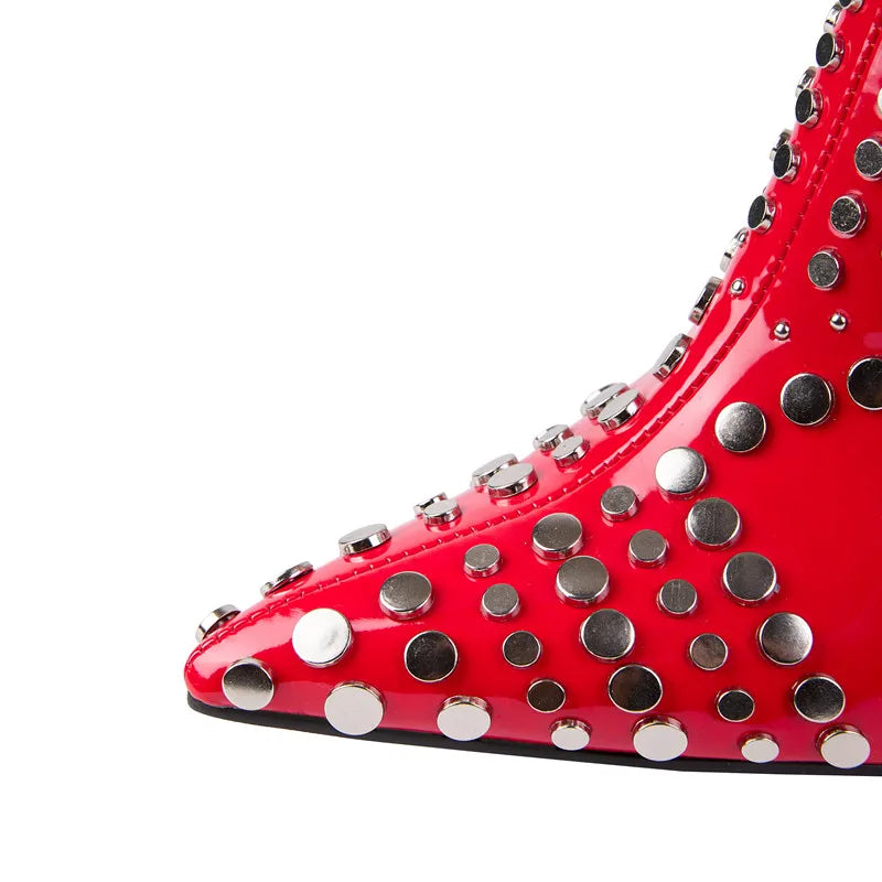 Fashion Rivet Pointed Toe Zipper-Side Patent Leather Strange Heels Shoes
