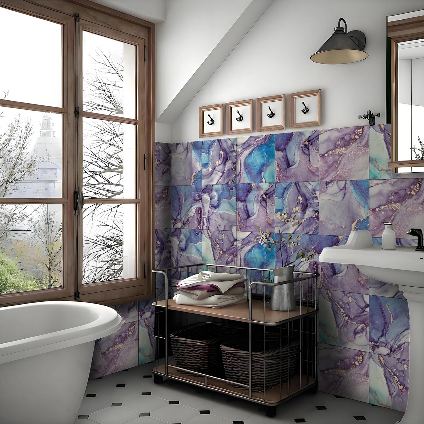 8PCS Pink and Blue Marble Wall Stickers Waterproof Self-Adhesive Ceramic Tile Stickers