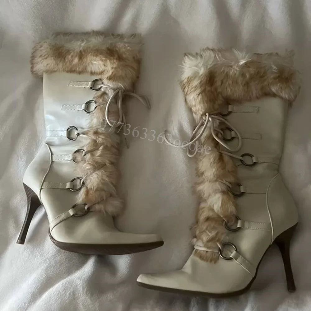 Feather Decor Mid Calf Boots Cross Tied Matte Leather