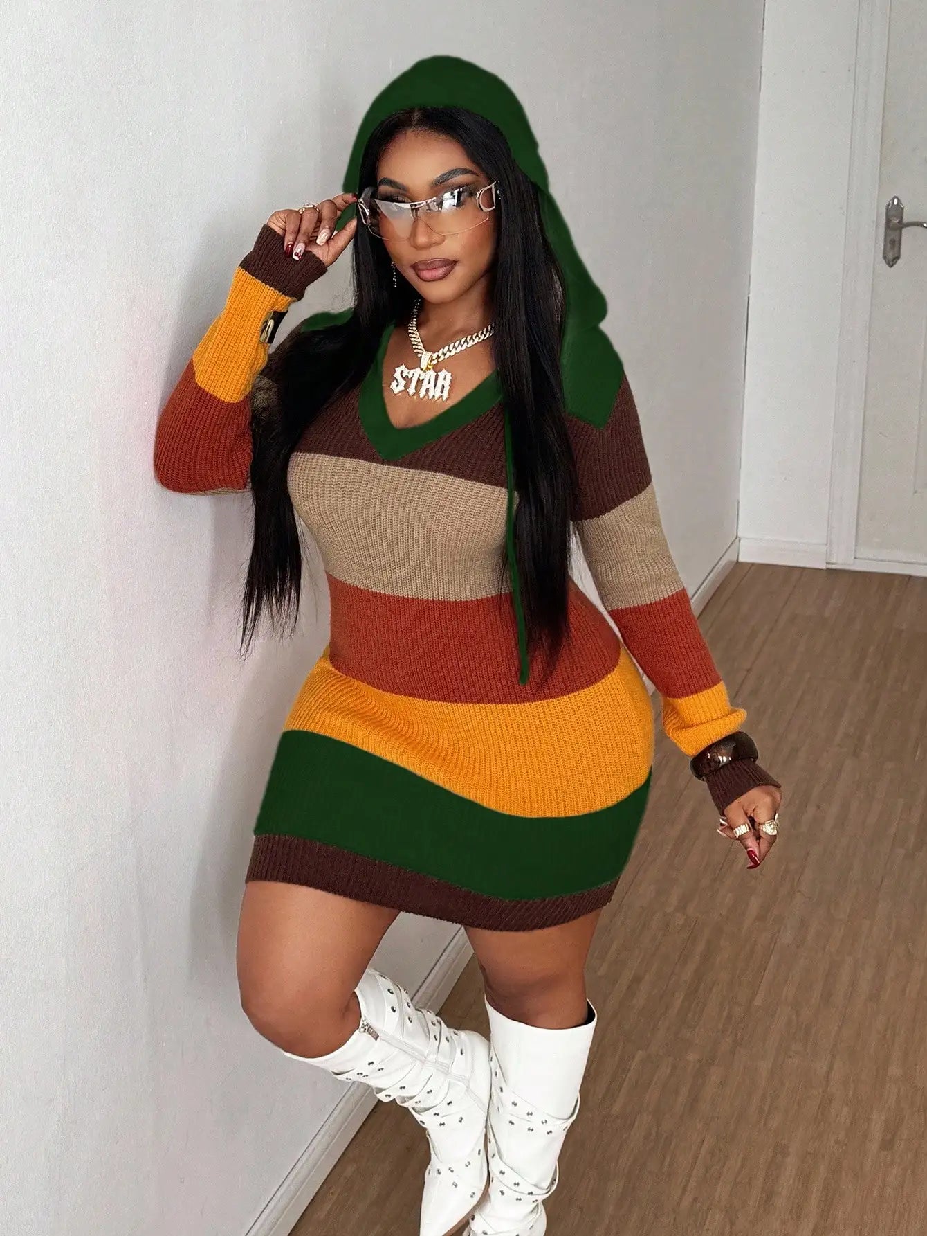 Plus Size Colorblock Striped Hooded Knit Mini Dress