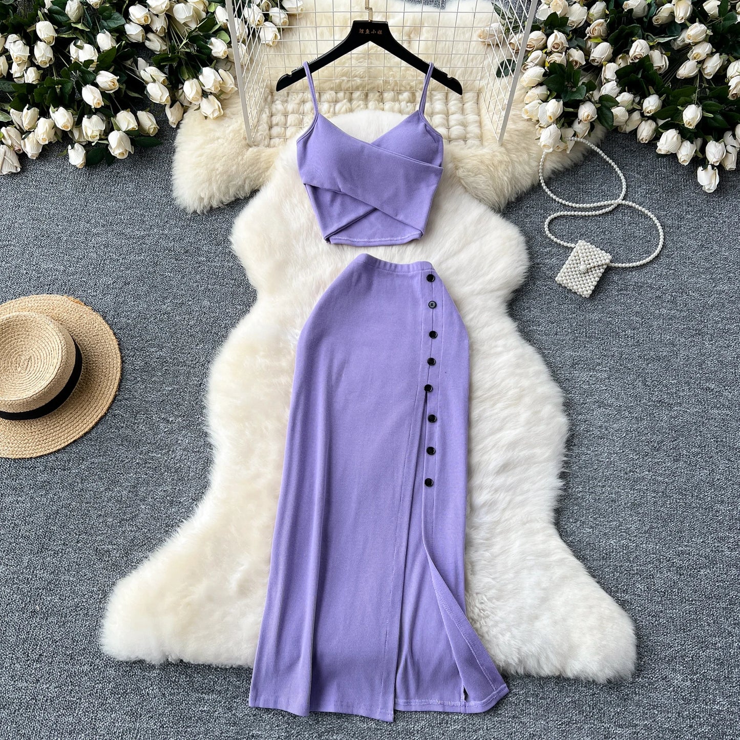 Sexy 2 Piece Crop Camis Top and Split Long Skirt