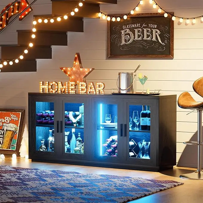 Wine Bar Cabinet with LED Lights 65" Sideboard Buffet
