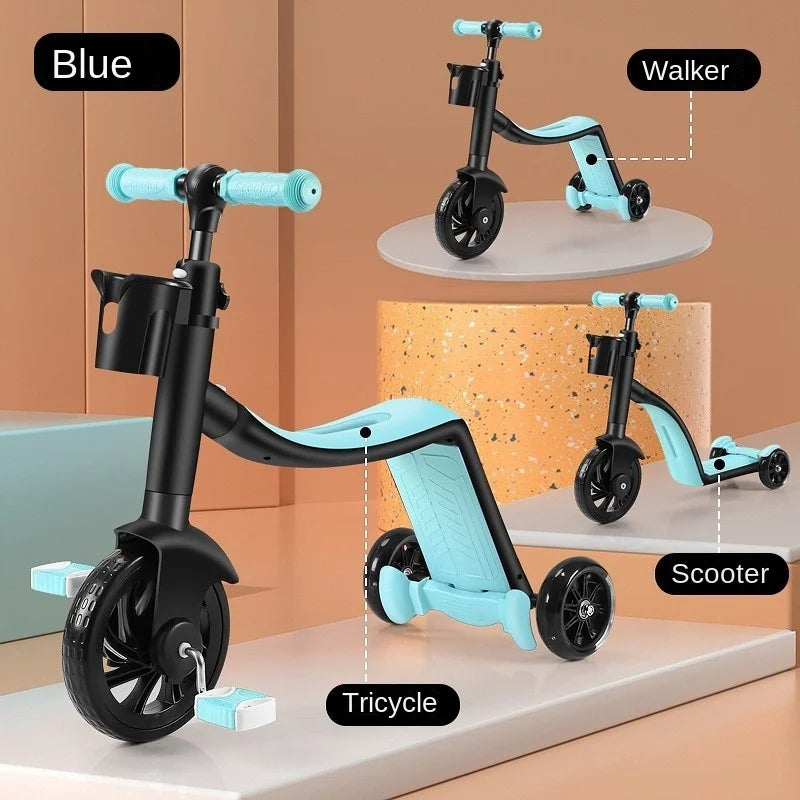 Three-in-one children's scooter folding tricycle