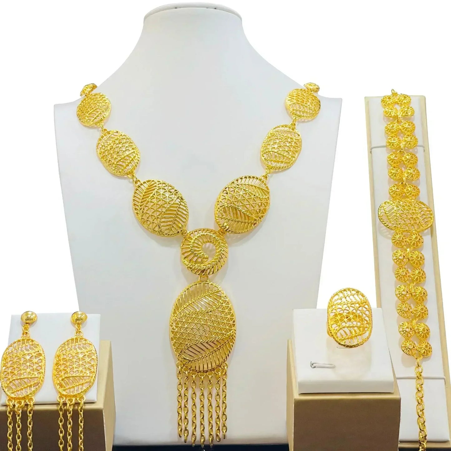 African India Long Chain Tassels Necklace Earrings Bracelet Ring Set
