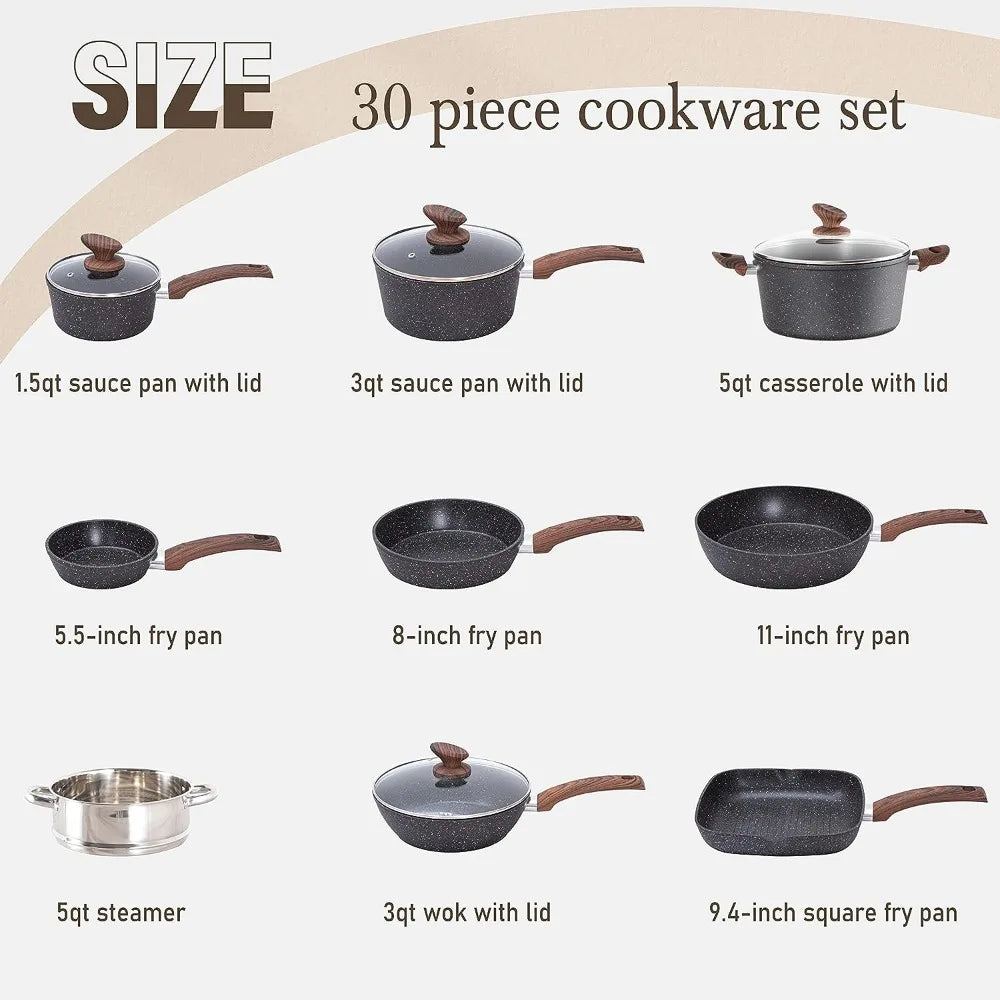 Non Stick 30 Piece Black Granite Cooking Pans Set Pan Kit